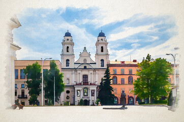 Fototapeta na wymiar Watercolor drawing of Minsk: Cathedral of Holy Name of Saint Virgin Mary Roman Catholic church baroque style building on Freedom Svabody square