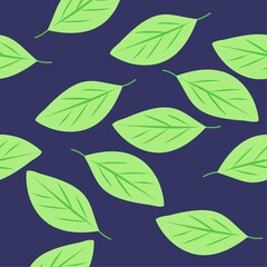 seamless pattern with leaves, blue background vector drawing, dark blue and green colors