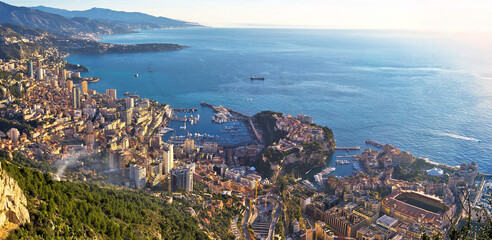 Fototapeta premium Principality of Monaco aerial panoramic coastline view
