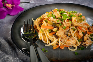 Fried noodles with chicken and vegetables.