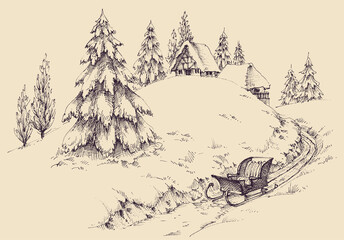 Winter season in the village landscape, pine trees and small houses, a sleigh in the snow - 403443910