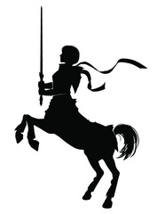 Silhouette of a female centaur knight standing in profile on her hind legs she prays with a sword in her hands, she has short square hair, she is in plate armor. 2d illustration
