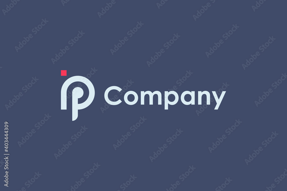 Poster abstract initial letter i and p linked logo. white geometric shape with red square dot isolated on b