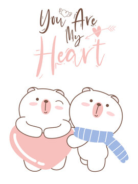 Cute valentine's day bear couple, hand drawn illustrations, doodle cartoon character.