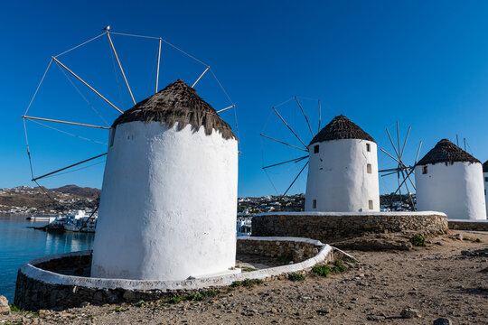 The Windmills (Kato Milli), Horta, Mykonos, Cyclades, Greek Islands, Greece, Europe