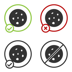 Black Cookie or biscuit with chocolate icon isolated on white background. Circle button. Vector Illustration.