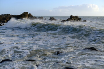 A big wave at la Roche Bernard, city of Batz-sur-mer in the west of France in december 2020.