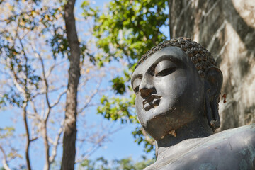 Phayao, Thailand - Nov 29, 2020: Low Angle Headshot Buddha Statue on Right Frame in Wat Analayo Thai Temple