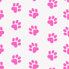 Paws of a cat, dog, puppy. Seamless pink animal footprint pattern for bedding, fabrics, backgrounds, websites, postcards, baby prints, wrapping paper. Vector graphics.