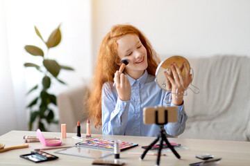 Red-Haired Teen Girl Recording Her Beauty Blog, Doing Makeup