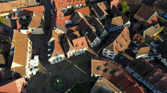 Aerial view on the ancient French village. Egusheim, Alsace, France. Filming from the air with a drone in 4K. Cinematic view. 