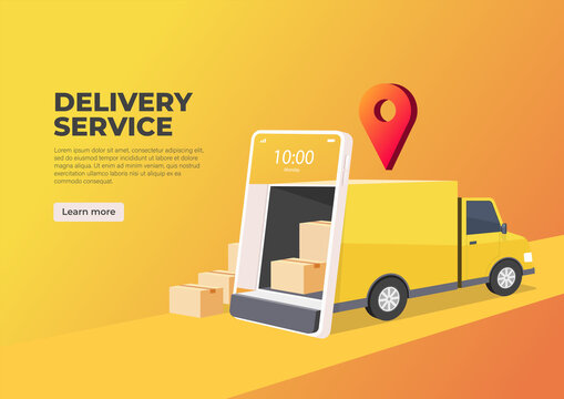 Delivery truck opens the door from the mobile phone screen. Online delivery service banner. Smart logistics, cargo shipment and freight transportation.