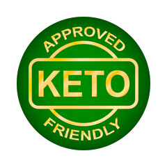 Keto approved friendly stamp. Ketogenic diet. Love keto. Gold round frame. Plant based vegan food product label. Logo or icon. Sticker.