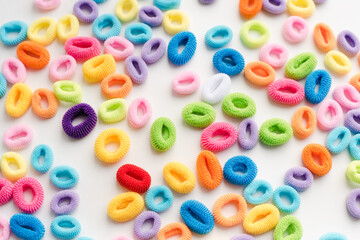 colored elastic bands for hair on a white background