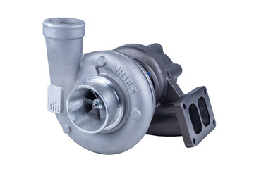 new modern truck turbocharger isolated on white background. turbocharger to increase the power of the car engine.