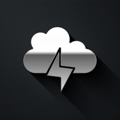 Silver Storm icon isolated on black background. Cloud and lightning sign. Weather icon of storm. Long shadow style. Vector.