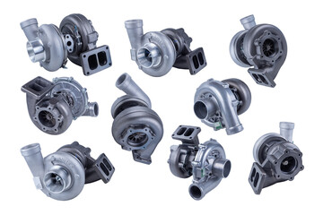 set of several new modern truck turbocharger isolated on white background. turbocharger to increase...