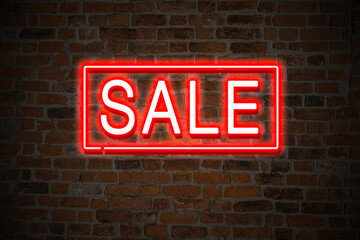 Obraz premium sale, Angebot, rabatt als leuchtende, rote neon Schrift auf Steinwand, Mauer