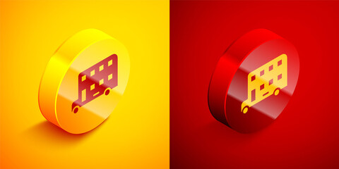 Isometric Double decker bus icon isolated on orange and red background. London classic passenger bus. Public transportation symbol. Circle button. Vector.