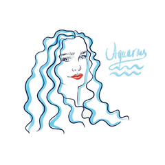 Aquarius zodiac girl with blue hair isolated on white. Fashion line art illustration for print, web, article magazine, horoscope