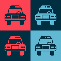 Pop art Police car and police flasher icon isolated on color background. Emergency flashing siren. Vector.