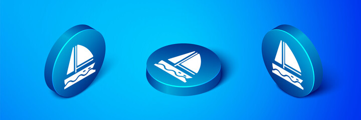 Isometric Yacht sailboat or sailing ship icon isolated on blue background. Sail boat marine cruise travel. Blue circle button. Vector. © Kostiantyn