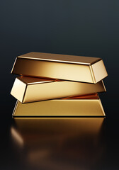 Three Gold ingots stack isolate is on dark background 3D rendering