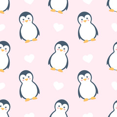 Penguins seamless pattern. Vector cute illustration pink background