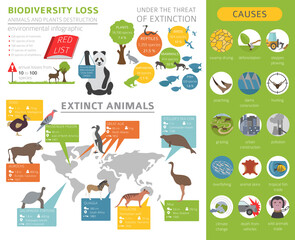 Global environmental problems. Biodiversiry loss infographic. Extinct animal and birds