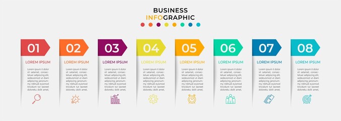 Minimal Business Infographics template. Timeline with 8 eight steps, options and marketing icons .Vector linear infographic with two circle conected elements. Can be use for presentation. Eps10 vector