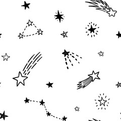 Seamless pattern. Vector doodle stars, comet and constellations on white background