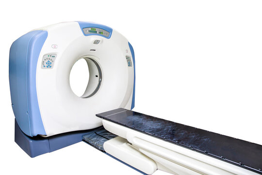 Magnetic resonance imaging scanner machine (MRI) on white background, isolated, medical diagnostic device, X-ray computer, Computerized Tomography (CT SCAN), Axial Tomography