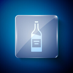 White Bottle of wine icon isolated on blue background. Square glass panels. Vector.