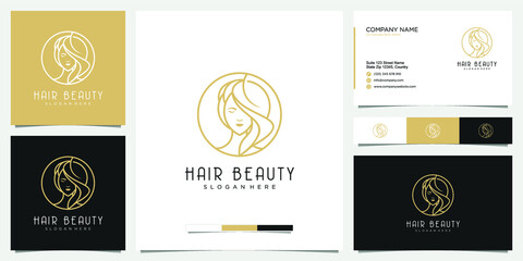 Woman hair salon and beauty gold logo design, business card