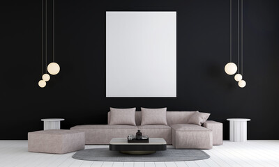 The interior design mock up of living room and black wall background and picture frame