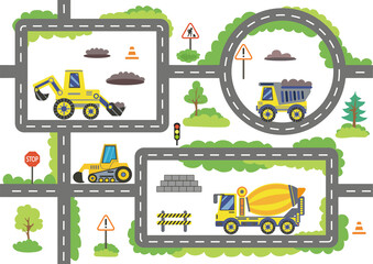 Wallpaper with construction cars. Road map with construction trucks. Road for children room. Kids wall décor. Background for gaming car. Vector illustration.