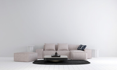 The interior design mock up of minimal living room and white wall background 
