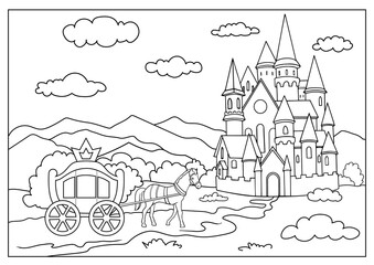 Coloring page for book. Coloring landscape with carriage goo to castle. Kids activity worksheet. Drawing fairytale landscape. Children art game. Vector illustration.