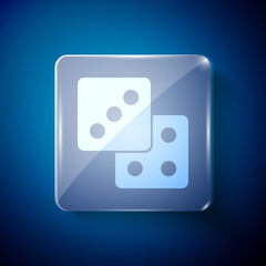 White Game dice icon isolated on blue background. Casino gambling. Square glass panels. Vector.