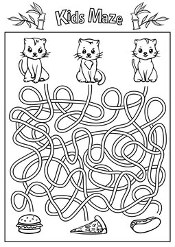 Kids maze coloring page. Kids game with cute cats. Activity page. Find the right path. Funny riddle. Education worksheet. Vector illustration.