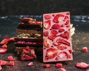 Handmade chocolate: milk, dark, ruby, with natural fruit fillings - berries, nuts