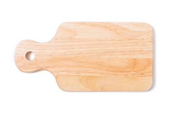 Brown woodcutting board with handle and drill hole for hanging isolated on white background with clipping path.
