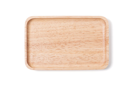 Empty Wood Plate Isolated On White Background With Clipping Path, Brown Wood  Tray, Top View