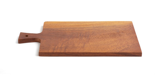 Brown woodcutting board with handle and drill hole for hanging isolated on white background with clipping path.