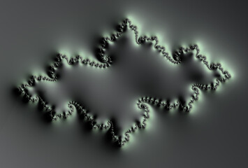 Fantastic grey-green fractal background. The background consists of an abstract fractal texture and is suitable for use as a decorative frame. Digital art. 3D rendering.