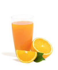 Glass of fresh orange juice with fruits cut in half and sliced with green leaf isolated on white background