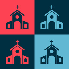 Pop art Church building icon isolated on color background. Christian Church. Religion of church. Vector.
