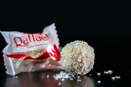 Ferrero Raffaello white candy with coconut flakes isolated.  Bucharest, Romania, 2021