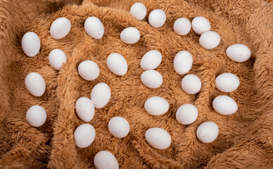 A top view of alot of white eggs placed randomly on a fluffy cloth