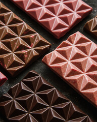 Handmade chocolate with pieces of freeze-dried fruit and dry ice cream